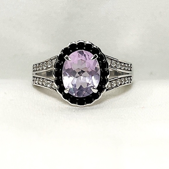 Jewelry - Oval Amethyst and Black Spinel Halo Ring in 925 Sterling Silver